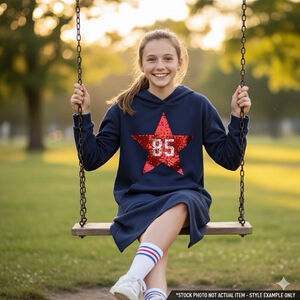 Tommy Hilfiger Girls Navy Blue Hooded Sequin Star Dress 12/14